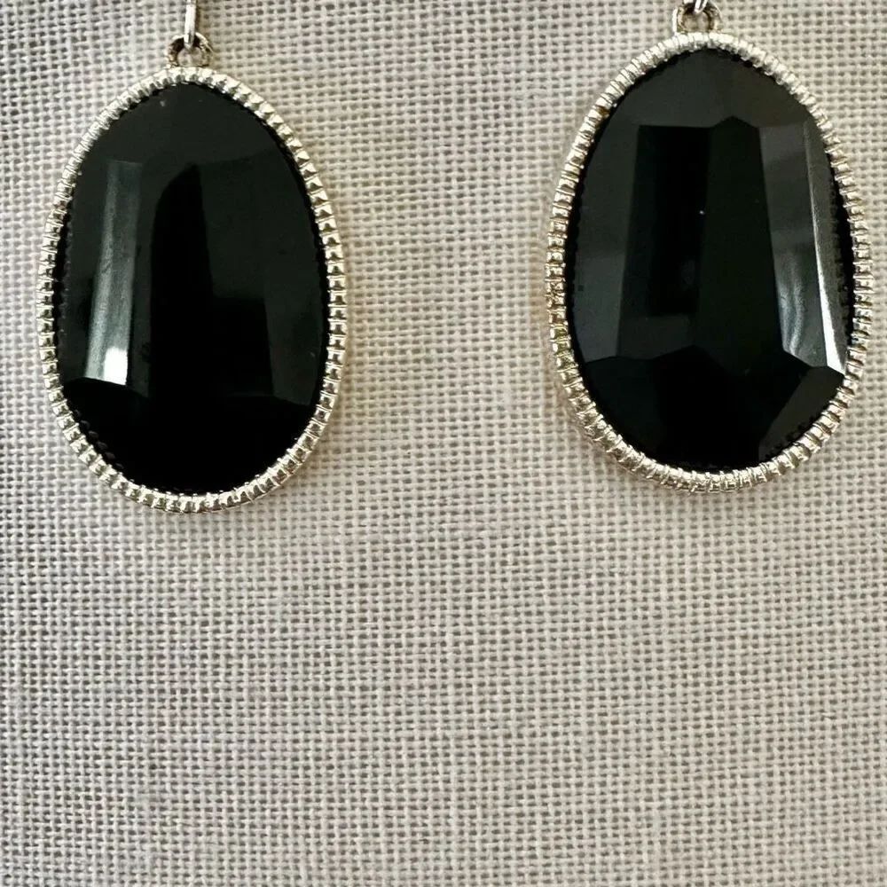 Black and silver tone oval drop earrings